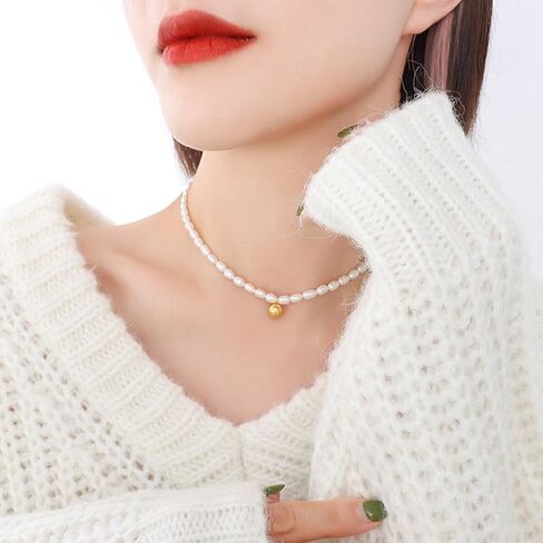 Aleasha Green Pendant Freshwater Pearl Strand Gold Necklace 16" Dainty Crystal Small Pearl Necklace for Women Jewelry Gifts in Kuwait