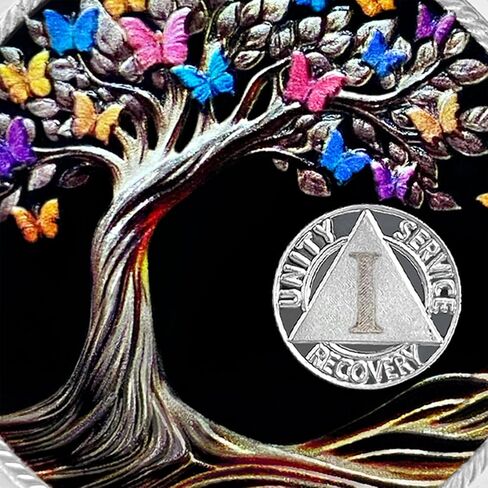 1 Year Sobriety Coin Gifts | Blank Colorful Tree of Life AA Chip Medallion with Coin Capsule, Display Stand & Card | Sobriety Gifts for Anniversary Month & Year for Men & Women in Recovery in Kuwait