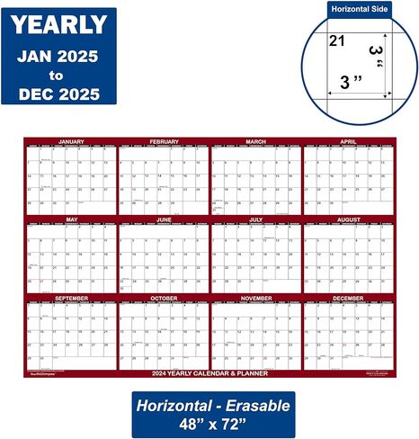 تقويم حائط SwiftGlimpse 2025 مقاس 48 بوصة × 72 بوصة، قابل للمسح، كبير الحجم، مسح رطب وجاف، مصفح، مخطط حائط سنوي سنوي لمدة 12 شهرًا، أفقي، كستنائي in Kuwait