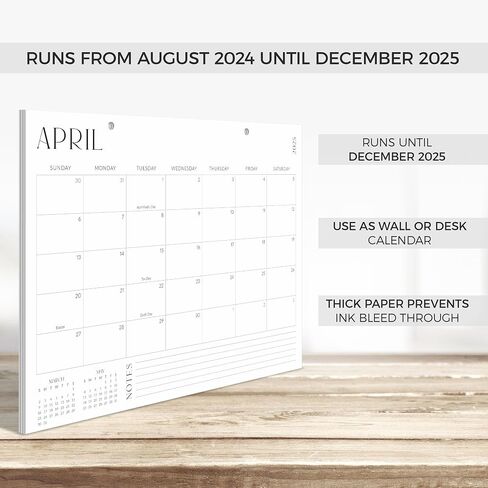 Aesthetic Desk Calendar 2024-2025 - Runs from August 2024 Until December 2025 - Minimalistic Office Desktop/Wall Calendar 16"x12" for Easy Organizing in Saudi Arabia
