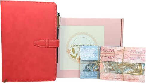 MoonlightJewels - مجموعة سجل القصاصات العتيقة مع دفتر ملاحظات من الجلد الصناعي وقلم حبر أسود وملصقات جمالية في صندوق هدايا وردي in Saudi Arabia