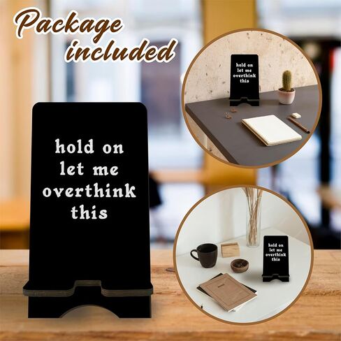 حامل هاتف خشبي مضحك - انتظر دعني أفكر في هذا - حامل هاتف خلوي أسود، محطة تغيير للهواتف الذكية، الكتب الإلكترونية، الأجهزة اللوحية، منظم سطح المكتب، ديكورات المنزل والمكتب - A13 in Kuwait