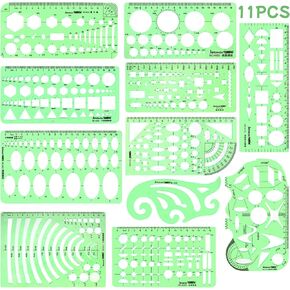 11PCS Geometric Drawings Templates, Drafting Stencils Measuring Tools, Transparent Green Plastic Ruler, for Architecture, Office, Studying, Designing