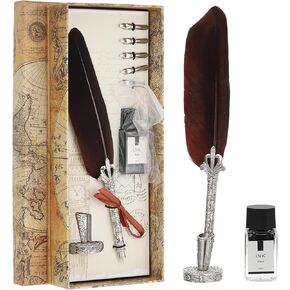 PATIKIL 26cm/11 Carved Feather Pen Set, Vintage Quill Pen with Ink Set 5 Replacement Nibs Stand Base for Calligraphy Writing Dip Pen Wedding Gifts, Brown
