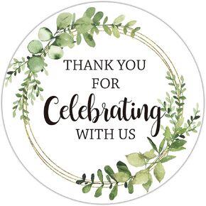 Thank You for Celebrating with Us Stickers, Greenery Thank You Party Favor Stickers, Baby Shower Favors, Wedding Favors, 2-inch Round Gift Label Stickers, 50-Pack