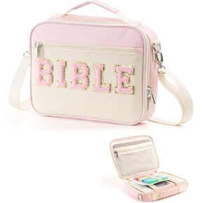 Bible Cover Case for Women, Large Chenille Letter Bible Bag with Shoulder Strap,Pink Bible Carrying Tote Bags for Bible Study Accessories, for Women Lady Teen Grils