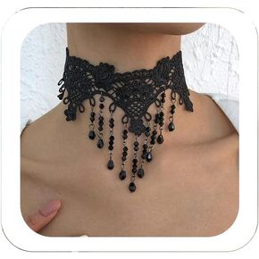 YRlilicc Gothic Lace Choker Necklace for Women Steampunk Black Crystal Tassel Choker Necklace Sexy Women's Costume Party Vintage Thick Choker