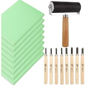 طقم نحت الطوابع المطاطية 17 قطعة مع أدوات نحت كتلة مشمع مقاس 4 × 6 بوصة لصناعة الطباعة، طقم صنع الطوابع، لوازم صناعة الطباعة، مجموعة طباعة كتلة مشمع (8 مكعبات + 8 سكاكين نحت + 1 بكرة مطاطية) in Kuwait