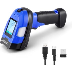 Upgraded Industrial Barcode Scanner Wireless, 1D Laser Bar Code Scaners 2 in 1 Plug and Play Rugged Heavy Duty & IP65 Waterproof, Long-Distance Wireless Handheld Barcode Reader with 1.8"Screen (Blue)
