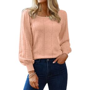 HOTOUCH Womens Sweaters Fall 2024 Trendy Puff Sleeve Tops Casual Knit Square Neck Cute Tunic Pullover Blouses Shirts