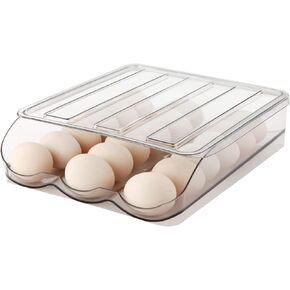 Egg Holder for Refrigerator, Automatically Rolling Egg Storage Container for Refrigerator,Large Capacity Egg Organizer for Fridge with Lid,Clear Plastic Egg Dispenser, Tray & Bin -1 Layer