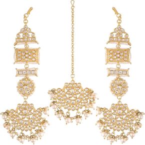 I Jewels 18K Gold Plated Indian Wedding Bollywood Matte Finish Kundan & Faux Pearl Bridal Chandbali Earrings with Maang Tikka Set for Women (TE2860-61)