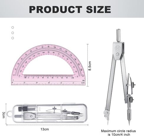EBOOT Student Geometry Math Set, Drawing Compass and 6 Inch Clear Swing Arm Protractors 180 Degree Math Protractor (Argent, Classic) in Saudi Arabia