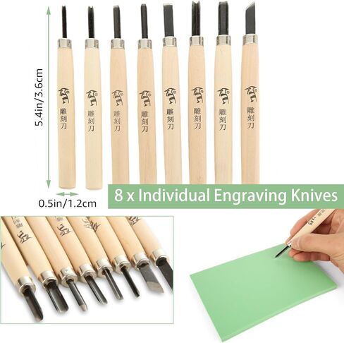 طقم نحت الطوابع المطاطية 17 قطعة مع أدوات نحت كتلة مشمع مقاس 4 × 6 بوصة لصناعة الطباعة، طقم صنع الطوابع، لوازم صناعة الطباعة، مجموعة طباعة كتلة مشمع (8 مكعبات + 8 سكاكين نحت + 1 بكرة مطاطية) in Kuwait