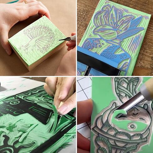 طقم نحت الطوابع المطاطية 17 قطعة مع أدوات نحت كتلة مشمع مقاس 4 × 6 بوصة لصناعة الطباعة، طقم صنع الطوابع، لوازم صناعة الطباعة، مجموعة طباعة كتلة مشمع (8 مكعبات + 8 سكاكين نحت + 1 بكرة مطاطية) in Kuwait