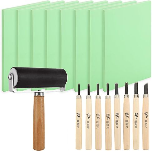 طقم نحت الطوابع المطاطية 17 قطعة مع أدوات نحت كتلة مشمع مقاس 4 × 6 بوصة لصناعة الطباعة، طقم صنع الطوابع، لوازم صناعة الطباعة، مجموعة طباعة كتلة مشمع (8 مكعبات + 8 سكاكين نحت + 1 بكرة مطاطية) in Kuwait