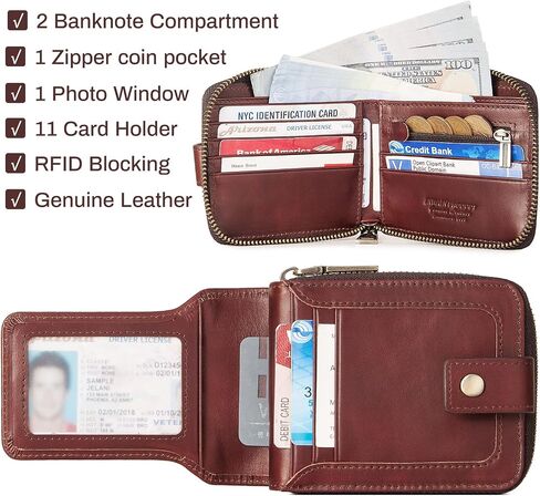 Enwaen Mens Zipper Wallet RFID Blocking Genuine Leather Bifold Secure Zip Wallets Multi with Credit Card Holder in Saudi Arabia