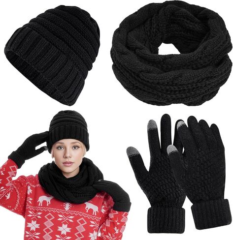 hoyuwak Knitted Hat Scarf Glove Set for Women, Pom Pom Beanie, Warm Gloves, Winter Scarf, Winter Set for Christmas Cold Weather Gift(White, Red) in Kuwait
