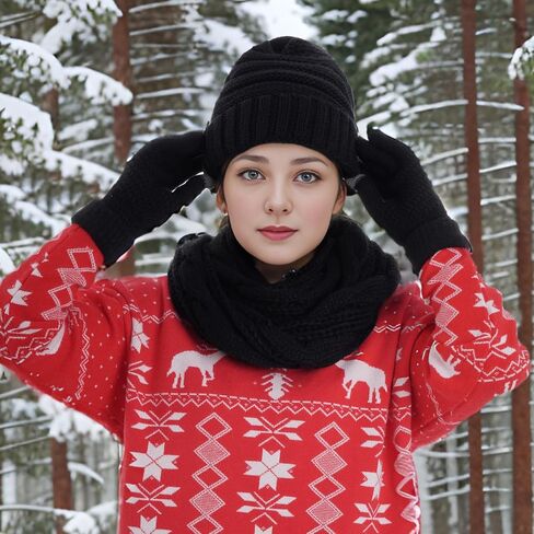 hoyuwak Knitted Hat Scarf Glove Set for Women, Pom Pom Beanie, Warm Gloves, Winter Scarf, Winter Set for Christmas Cold Weather Gift(White, Red) in Kuwait