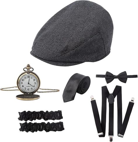 إكسسوارات 1920s للرجال 20s Gatsby Newsboy Hat Accessories Set Gangster Suspenders ساعة جيب (أسود) in Kuwait