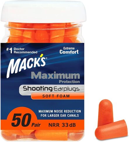 Mack's Maximum Protection Soft Foam Shooting Ear Plugs, 50 Pair - 33 dB Highest NRR – Comfortable Earplugs for Hunting, Tactical, Target, Skeet and Trap Shooting | Made in USA in Saudi Arabia