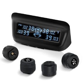 RV Tire Pressure Monitoring System, Wireless TPMS with Solar Charge & Auto Calibration, M13 Tire Pressure Monitor System with 4 Cap Sensors(0-87PSI), Fit for Car Camper Travel Trailer(Max 38ft)