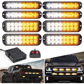 8PCS LED Amber White Strobe Lights Kit 8-LED 16-LED Sync Feature Ultra Slim Emergency Hazard Warning Flashing Caution Light Surface Mount for Construction Trucks Vehicles ATV RV Cars Waterproof