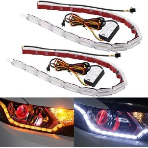 AUTOXBERT Car Daytime Running Light Strip, 2Pcs Flexible Crystal DRL LED Strip Sequential, Dual Color 17Inch Headlight LED Strip Turn Signal Lights Strip (White&Amber)