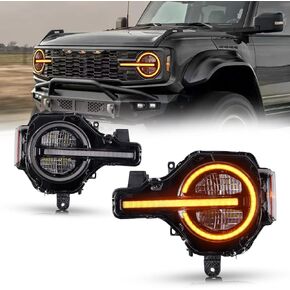Archaic LED Headlights Assembly for Ford Bronco 2021-2024, Raptor Style Headlamp Assemblies with Amber/White DRL, Sequential Turn Signal Front Light for Bronco All Trim 2 or 4 Door/Raptor, Pair