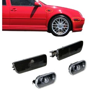 Smoked Lens Bumper & Fender Side Marker, Repeater Light Housing Combo Compatible With Volkswagen: 1999-2005 MK4 Golf GTI R32 Rabbit Jetta, Replace OEM Sidemarker Lamps OE: 1J0 949 117