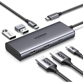 يوجرين قاعدة شحن مزدوجة 10 في 1 من ريفودوك برو بمنفذ HDMI مزدوج 4K@60Hz مفرد 8K@30Hz USB A ومنفذ بيانات USB C 100 واط شحن بي دي 1 جيجابايت في الثانية وقارئ بطاقة SD ايثرنت لماك بوك ديل اكس بي اس اتش