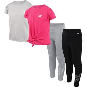 New Balance Girls' Legging Set - 4 Piece Short Sleeve T-Shirt and Leggings Set (7-16)
