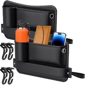 2 Packs Car Seat Gap Filler Organizer, Leather Car Seat Organizer with Cup Holder for Drinks, Phones, Cards. Multifunctional Car Organizers and Storage with 4 Hooks Car Accessories for Women Men