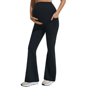 JOYSPELS Flare Maternity Leggings Over The Belly with Pockets Creamy Soft Stretchy Bootcut Pregnancy Yoga Pants