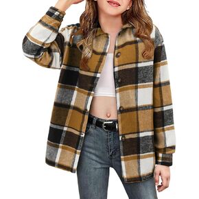 Girls Button Down Shirt Shacket Jacket Girls Long Sleeve Plaid Flannel Shirts for Girls Western Shirts with Pocket Toddler Shirt Khaki Size 7-8 Years