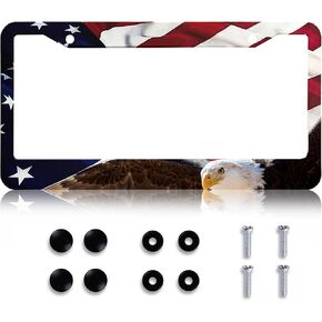 LIN KANG American Flag Eagle License Plate Frames, Matte Stripe US Flag Aluminum Metal License Plate Holder Covers, Rust-Proof Waterproof Car Decorative Tag Frames for Standard US 12x6 Inch