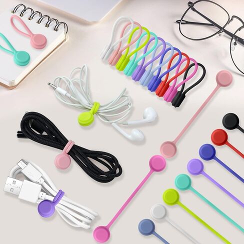 Silicone Magnetic Cable Ties, 24 Pack 8 Colors | Reusable Ties With Strong Magnets, Organize Usb & Headphone Cords; Can Hang and Hold Keychains for Tidy Cable Management in Kuwait
