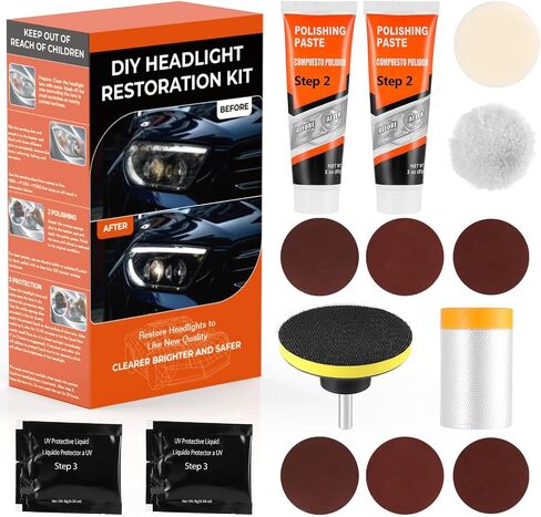 Headlight Restoration Kit, Polish Restore Cleaner Clean Tool DIY Polishing, Sanding Discs, Scouring Pads for Electric Drill, 3 Easy Steps to Restore Sun Damaged Car Headlights Lens in Saudi Arabia