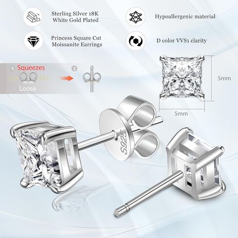 Tunzug 2.4 CT Princess Square Moissanite أقراط اللون VVS1 Clarity Lab مكون من الماس 18K الذهب الأبيض S925 أقراط الفضة الاسترليني للنساء in Kuwait