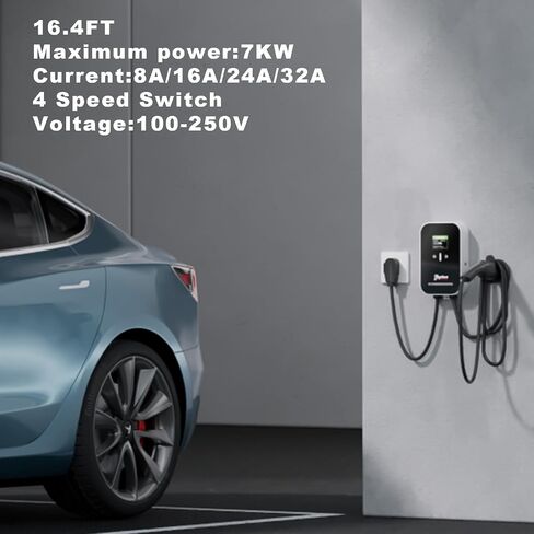محطة شحن السيارة الكهربائية بمستويين لشاحن EV، تعمل مع J1772 EV والمركبات الهجينة، 4 مستويات تيار قابلة للتعديل، 32 أمبير، 240 فولت، سلك تمديد بطول 16.4 قدم in Kuwait