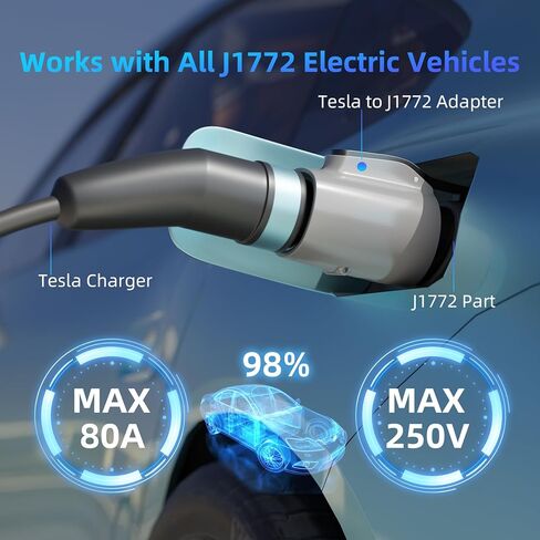 محول NACS إلى J1772، محول شحن 80 أمبير 250 فولت J1772 EV لشاحن تسلا، متوافق مع موصل جدار تسلا عالي الطاقة، شواحن الهواتف المحمولة المنزلية، شاحن الوجهة، يناسب SAE J1772 EVs (أسود) in Kuwait