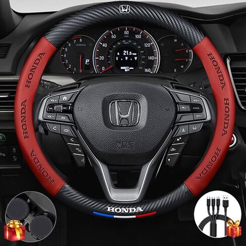 Customized Steering Wheel Cover Compatible with Honda, Premium Napaa Leather and Carbon Fiber Texture Steering Wheel Cover,with 2 Coasters and USB Fast Charging Cable (Red) in Saudi Arabia