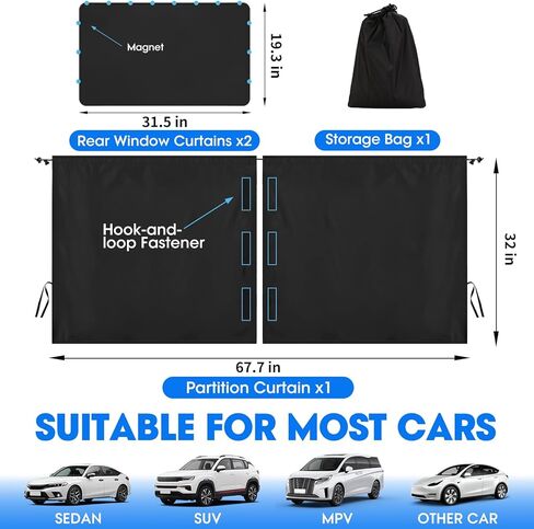 ظلال نافذة السيارة، مظلة شمسية لنافذة السيارة، مظلة شمسية معتمة للخصوصية، تحافظ على برودة أغطية نوافذ السيارة، ستارة مقسمة للمقعد الخلفي و2 مظلة جانبية مغناطيسية للنافذة للتخييم والسفر والنوم in Kuwait