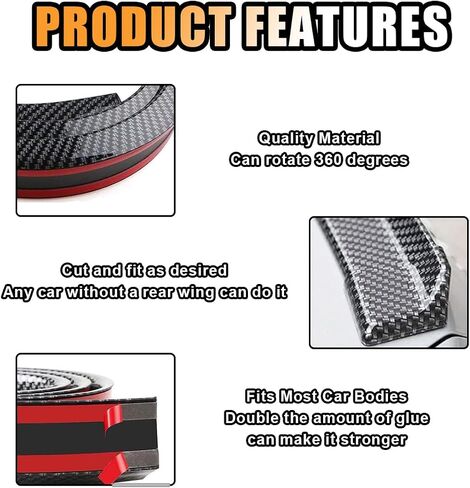 Car Rear Spoiler Roof Lip Kit, Carbon Fiber 3D Rubber Trunk Spoiler Trim Strip Cool Car Decoration, Universal Punch-Free Vehicle Exterior Accessory Sticker (Carbon Fiber Black) in Saudi Arabia