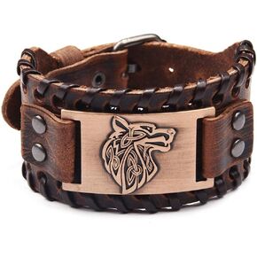 Juland Punk Braided Rope Alloy Bracelet Bangle Wristband PU Leather Bracelet Mens Leather Cuff Bracelet Wolf Head Wristbands Wide Cuff Leather Wrap Adjustable