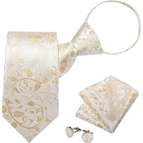 DiBanGu Silk Zipper Ties for Men,Woven Paisley/Solid/Plaid Pretied Tie and Pocket Square Cufflinks Set Adjustable