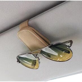 Sunglass Holder for Car Visor, Magnetic Leather Glasses, Eyeglass Hanger Clip for Car, Ticket Card Clip Eyeglasses Mount, Car Visor Accessories (Beige), Cowhide Eyeglasses Clip