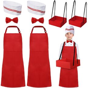 SATINIOR 8 Pcs 1950s Waiter Costume Kit Soda Jerk Costume for Kids 7-13 Years Old, Including Movie Night Snack Tray Soda Jerk Hat Apron Bow Tie for Halloween Circus Party Multicolored