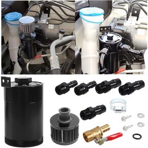 Car Oil Catch Can Kit, Automotive Aluminum Baffled Oil Reservoir Tank Oil Separator with Adapters and Drain Valve Plug, 2 Ports oulet & inlet Breather Filter, 150ML Universal Fit