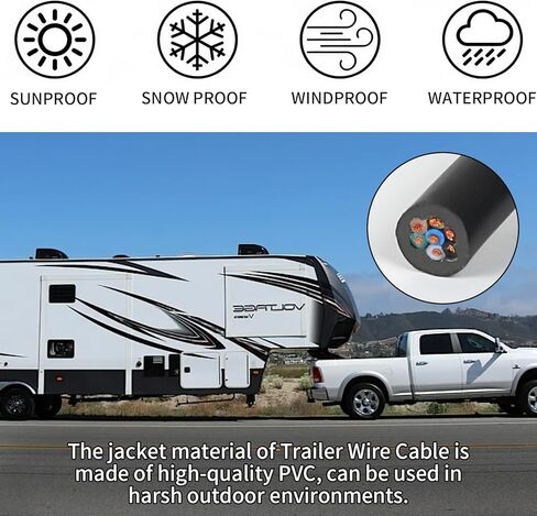 20AWG 7 Conductor Electrical Wire, 16.4FT 7 Way Heavy Duty Trailer Wire 7 Core Extension Cable PVC Stranded Oxygen Free Copper for RV Trailer Automotive in Kuwait